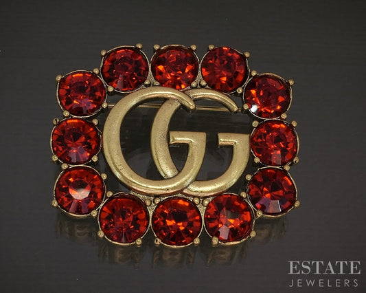Vintage Gold Tone GUCCI Red Stone Border Pin Brooch p17996