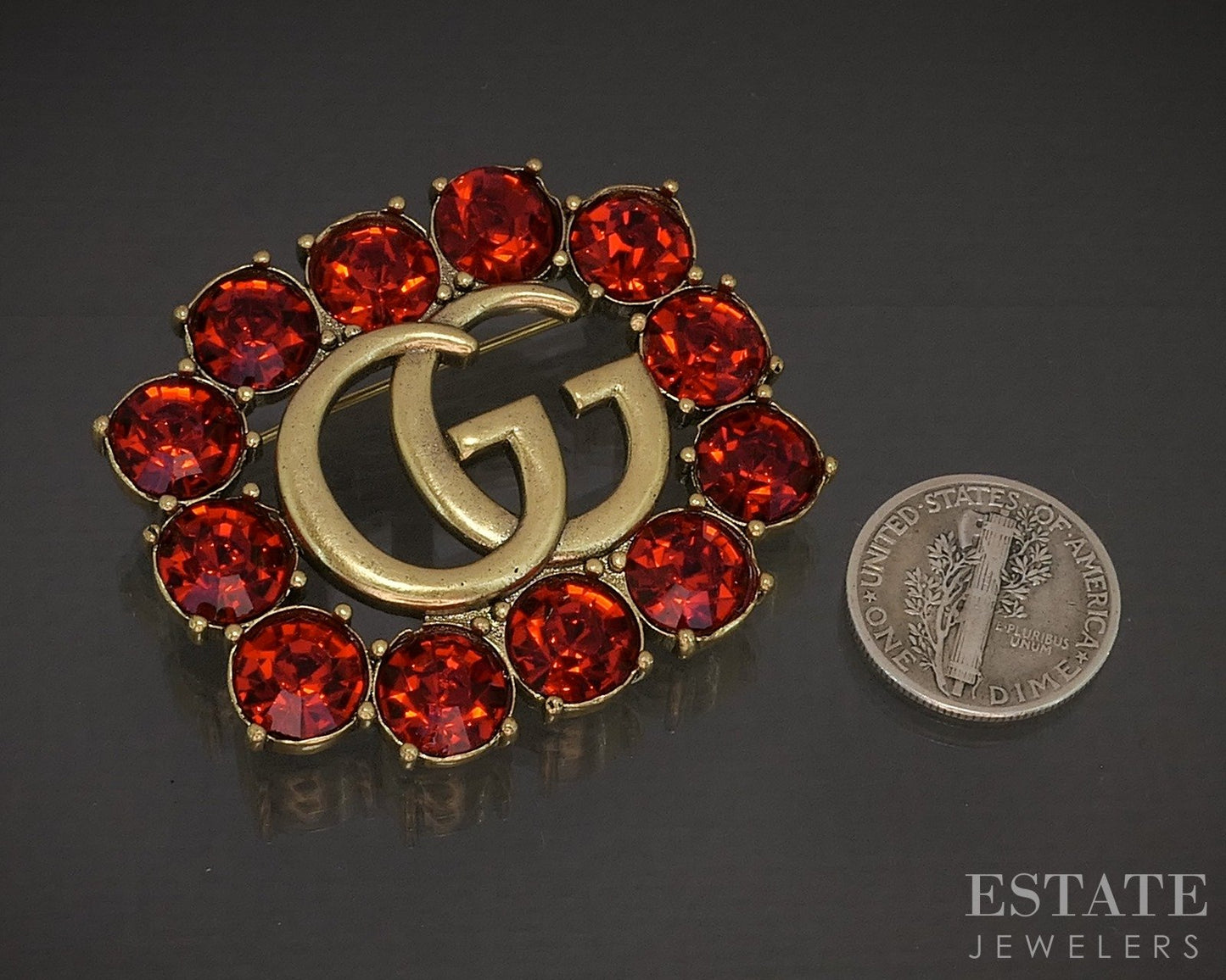 Vintage Gold Tone GUCCI Red Stone Border Pin Brooch p17996