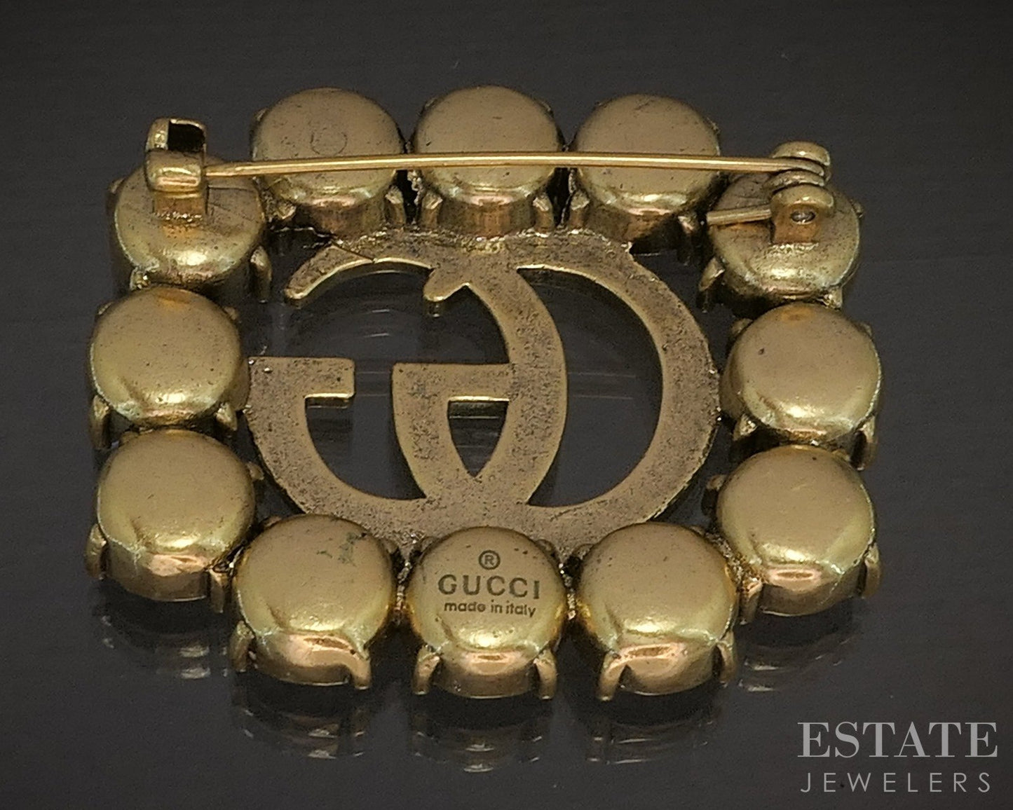 Vintage Gold Tone GUCCI Red Stone Border Pin Brooch p17996
