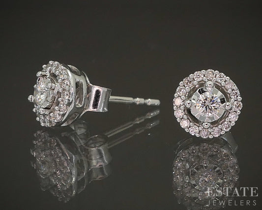 14k White Gold Round Natural .15ctw Diamond Halo Stud Earrings 1.4g p17494b