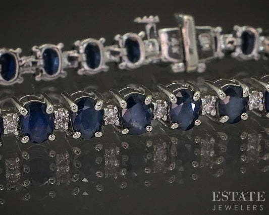 14k White Gold EFFY Natural Blue Sapphire & Diamond Tennis Bracelet 13g p17181b