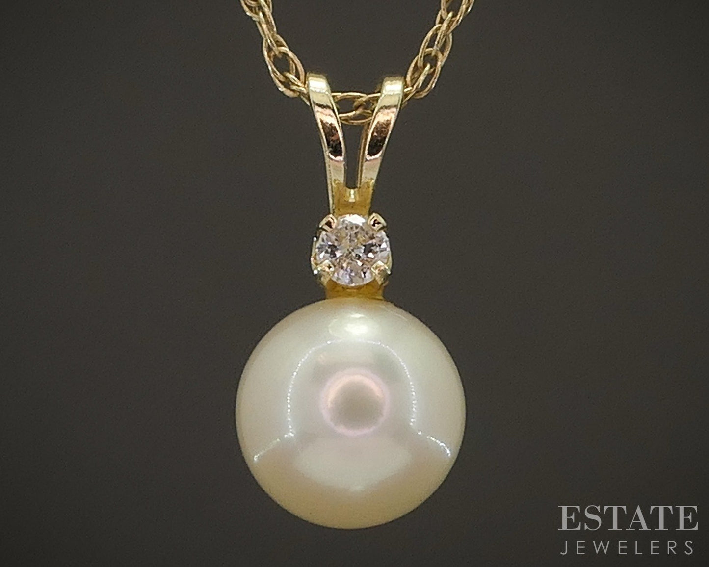14k Yellow Gold 7.2mm Cultured Pearl & Diamond Ladies Necklace 1g 16.5"L p17473b