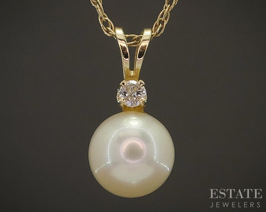14k Yellow Gold 7.2mm Cultured Pearl & Diamond Ladies Necklace 1g 16.5"L p17473b