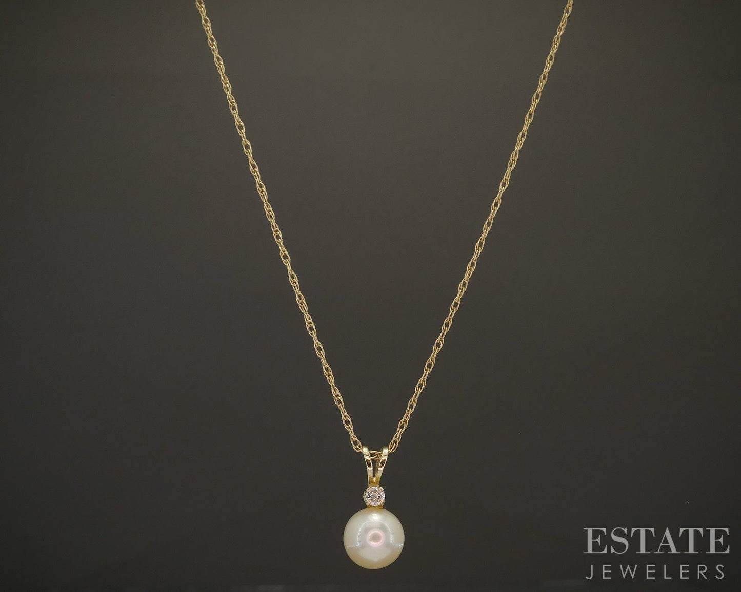 14k Yellow Gold 7.2mm Cultured Pearl & Diamond Ladies Necklace 1g 16.5"L p17473b