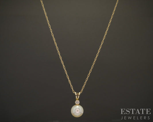 14k Yellow Gold 7.2mm Cultured Pearl & Diamond Ladies Necklace 1g 16.5"L p17473b