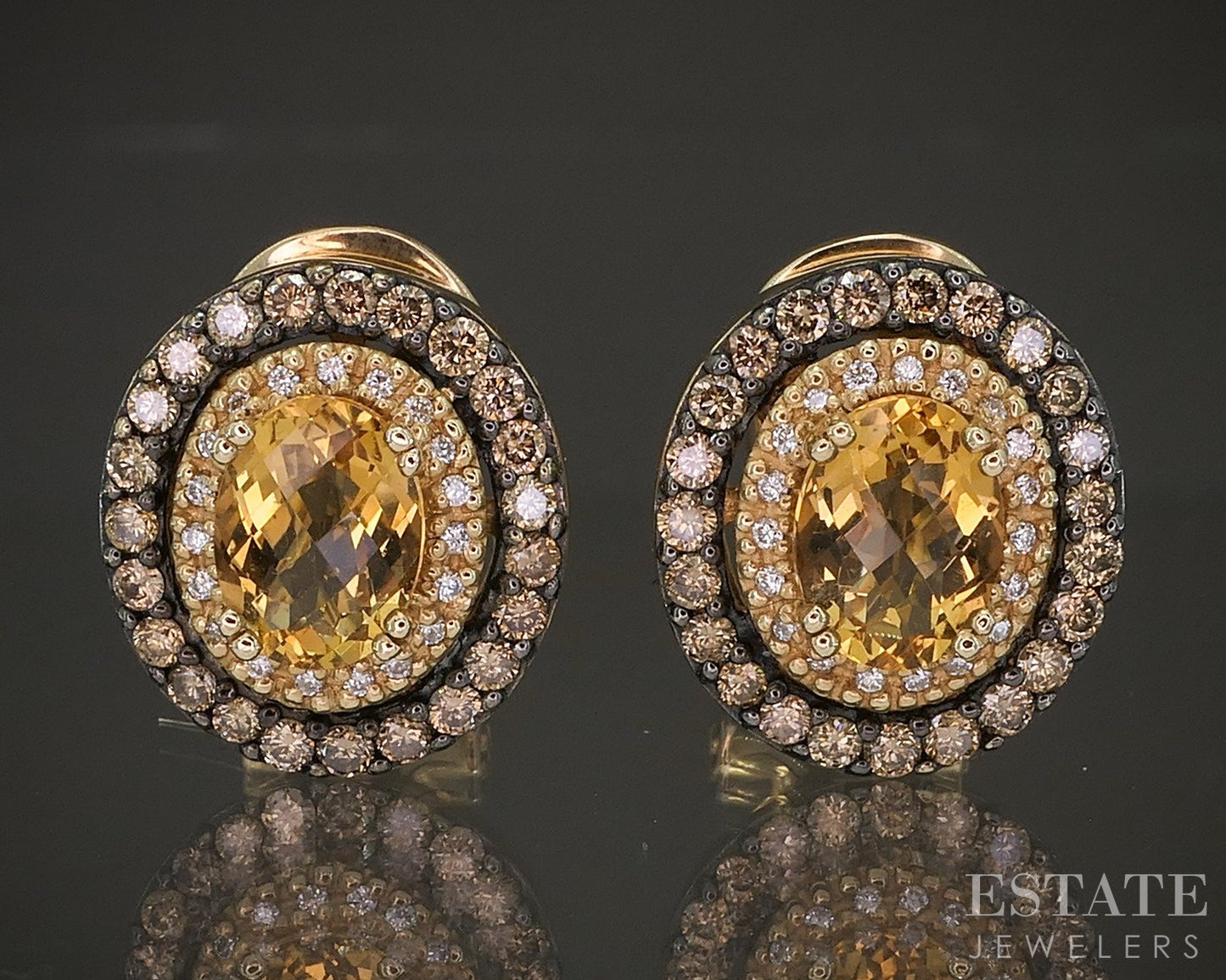 14k Honey Gold LeVian Natural Citrine & Diamond Omega Back Earrings 8.5g p14947