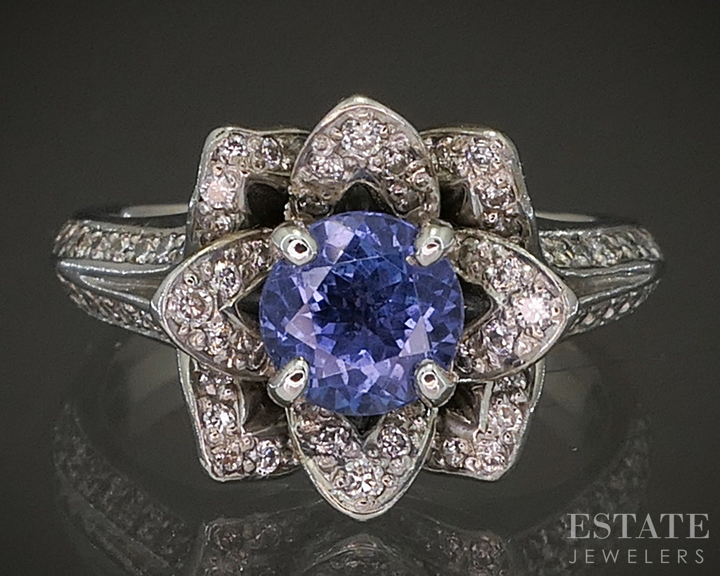 14k White Gold Natural Tanzanite & Diamond Flower Ladies Ring 7.7g p17566