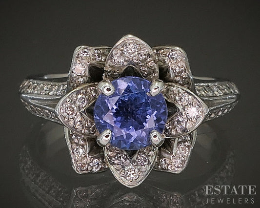 14k White Gold Natural Tanzanite & Diamond Flower Ladies Ring 7.7g p17566