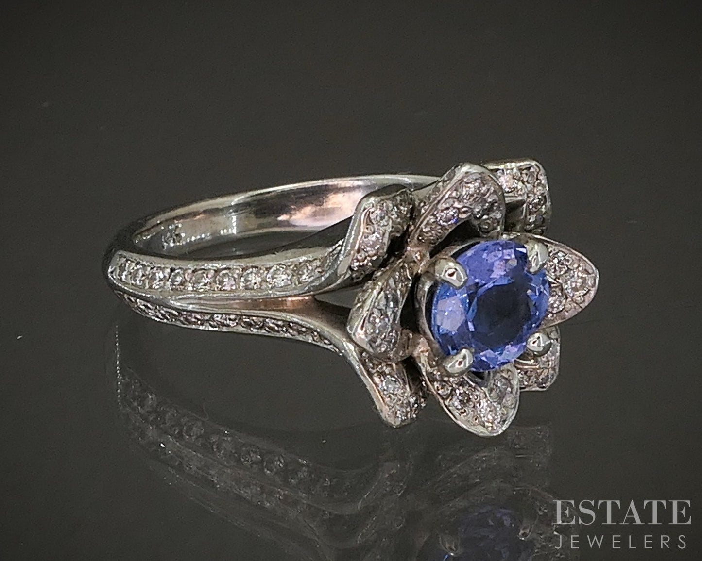 14k White Gold Natural Tanzanite & Diamond Flower Ladies Ring 7.7g p17566