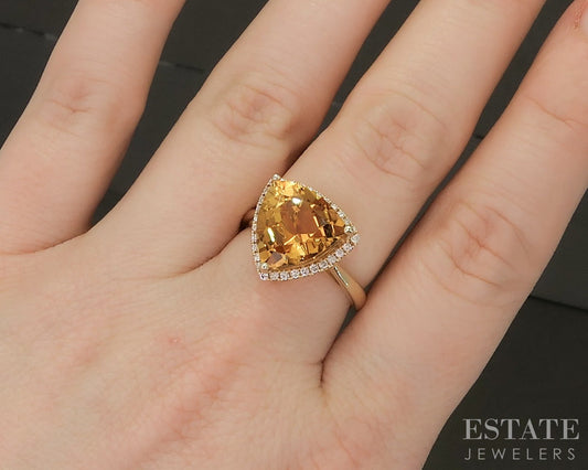 14k Yellow Gold Trillion Natural Citrine & Diamond Ladies Ring 4.6g p15672