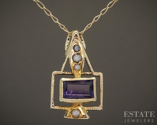 Antique Victorian 14k Yellow Gold Amethyst & Seed Pearl Necklace 1.1g p20547