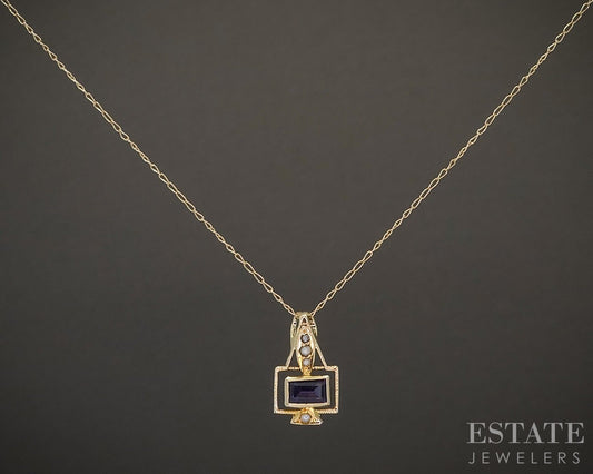 Antique Victorian 14k Yellow Gold Amethyst & Seed Pearl Necklace 1.1g p20547