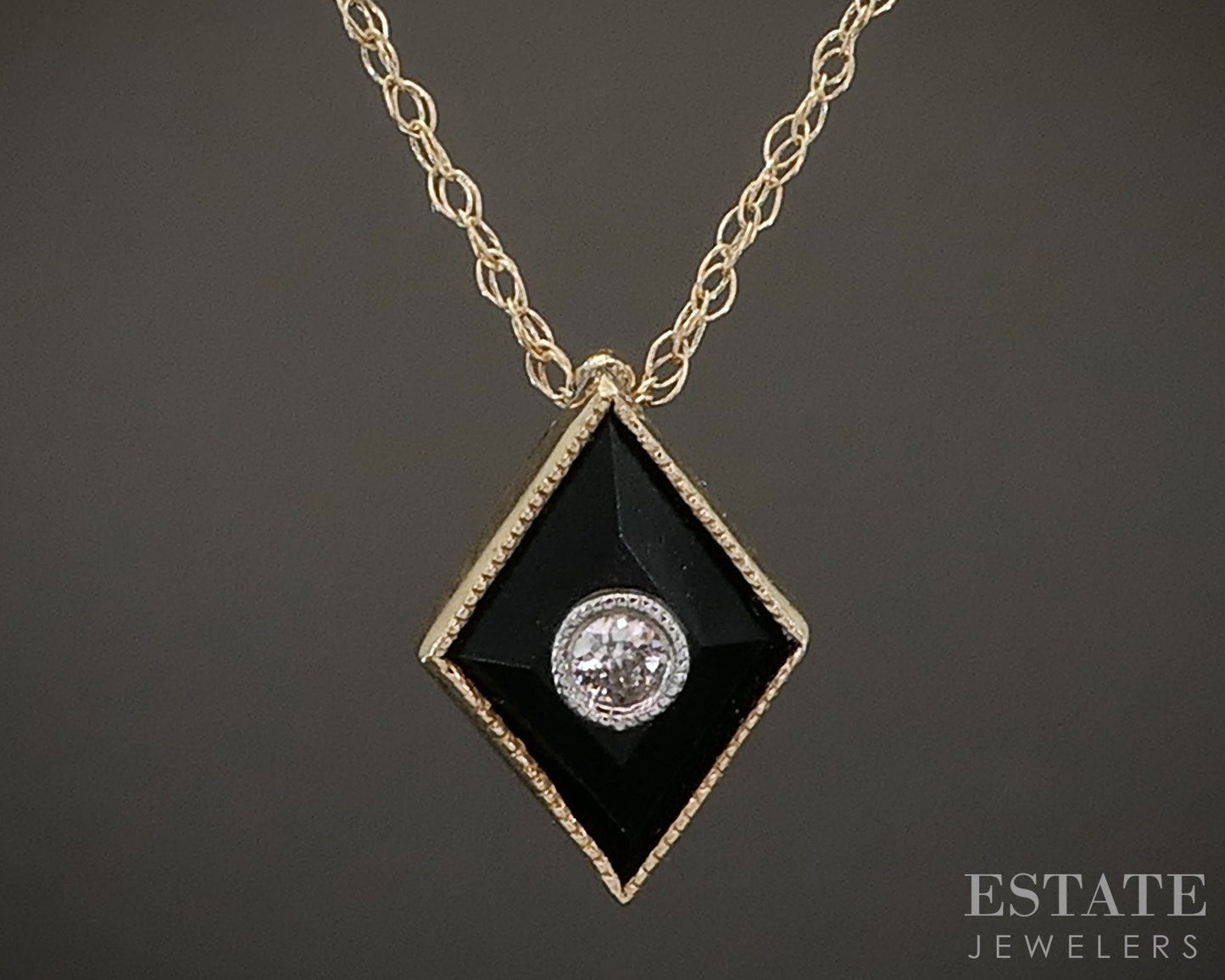 Antique 9k Yellow Gold Natural Black Onyx & Diamond Necklace 0.8g p92278