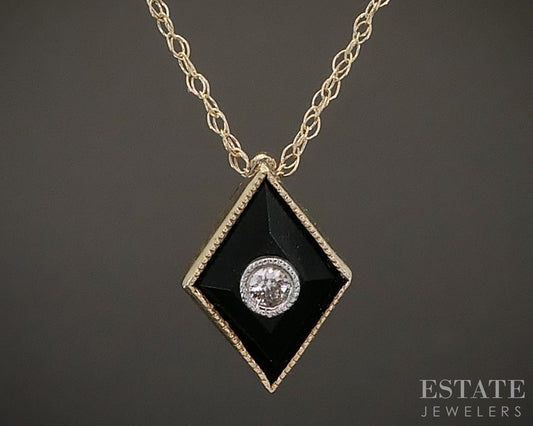 Antique 9k Yellow Gold Natural Black Onyx & Diamond Necklace 0.8g p92278