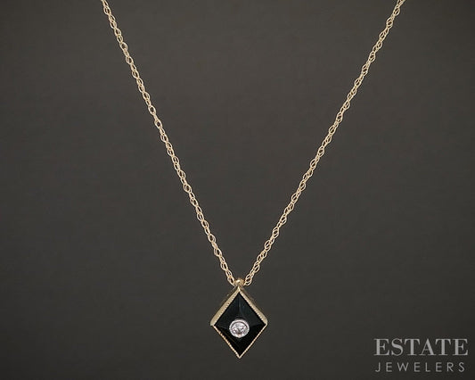 Antique 9k Yellow Gold Natural Black Onyx & Diamond Necklace 0.8g p92278