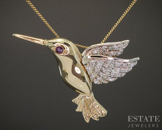 18k Yellow & White Gold Ruby & Diamond Hummingbird Necklace 6.5g 24"L p20578