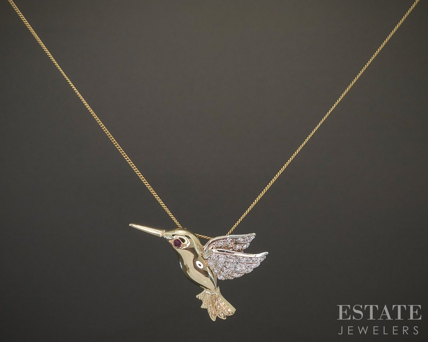 18k Yellow & White Gold Ruby & Diamond Hummingbird Necklace 6.5g 24"L p20578