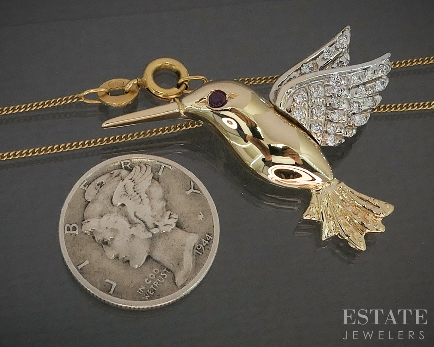 18k Yellow & White Gold Ruby & Diamond Hummingbird Necklace 6.5g 24"L p20578