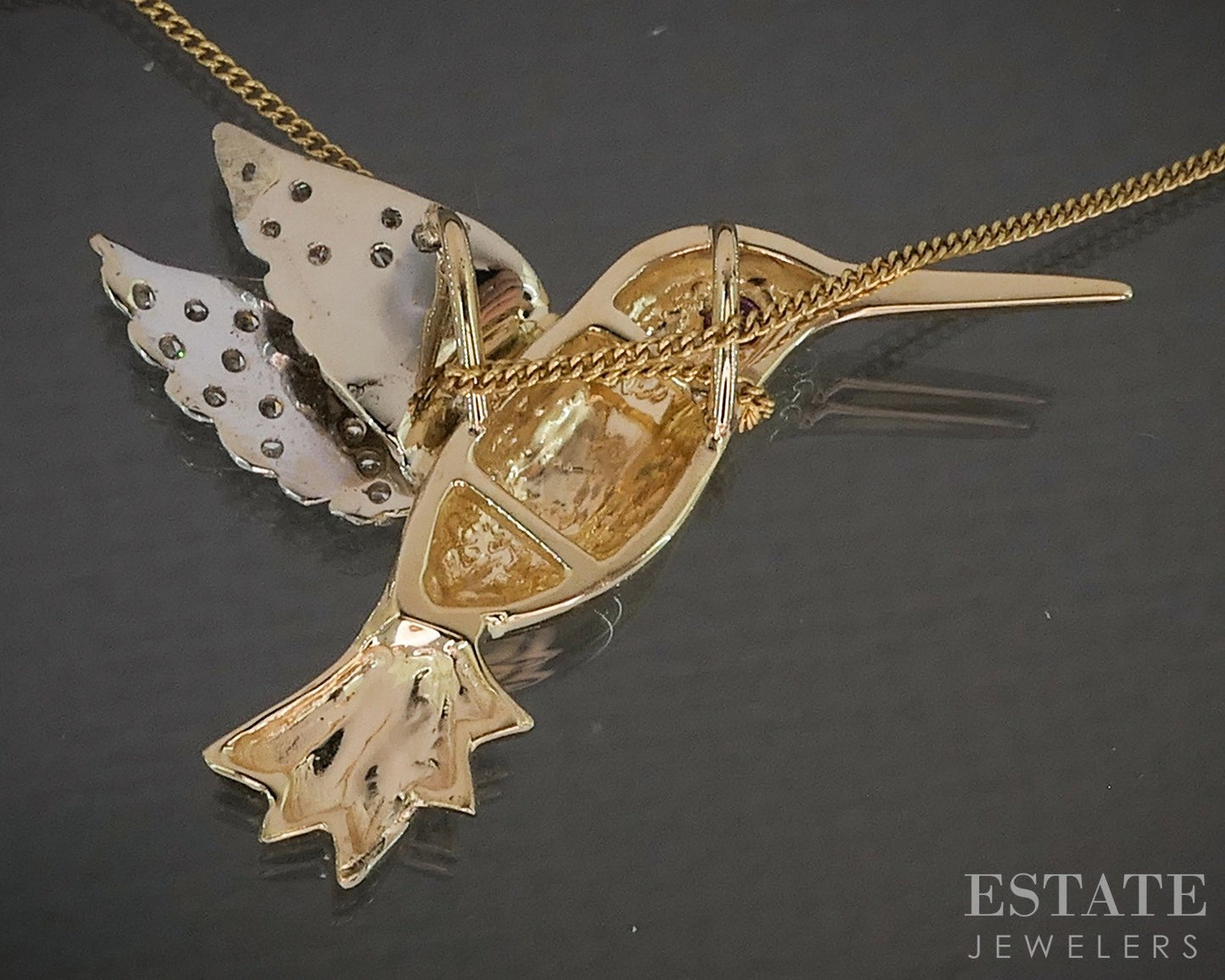 18k Yellow & White Gold Ruby & Diamond Hummingbird Necklace 6.5g 24"L p20578
