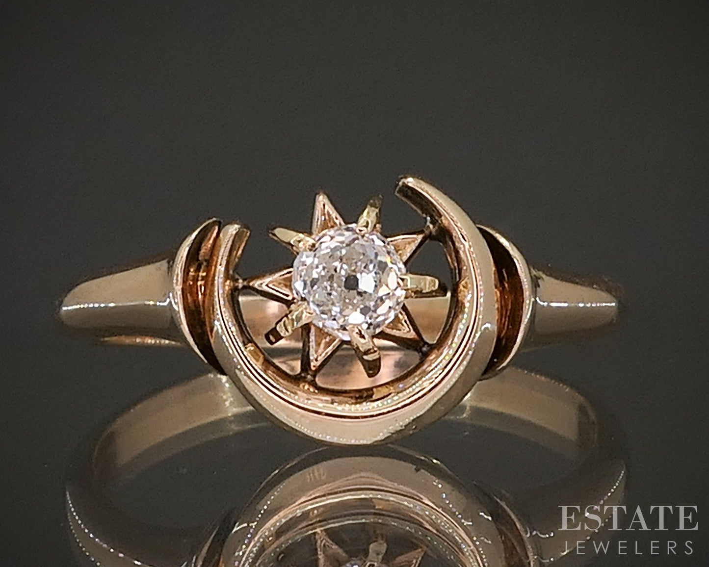 Antique Victorian 14k Yellow Gold OMC .27ct Diamond Moon Sun Ring p16132