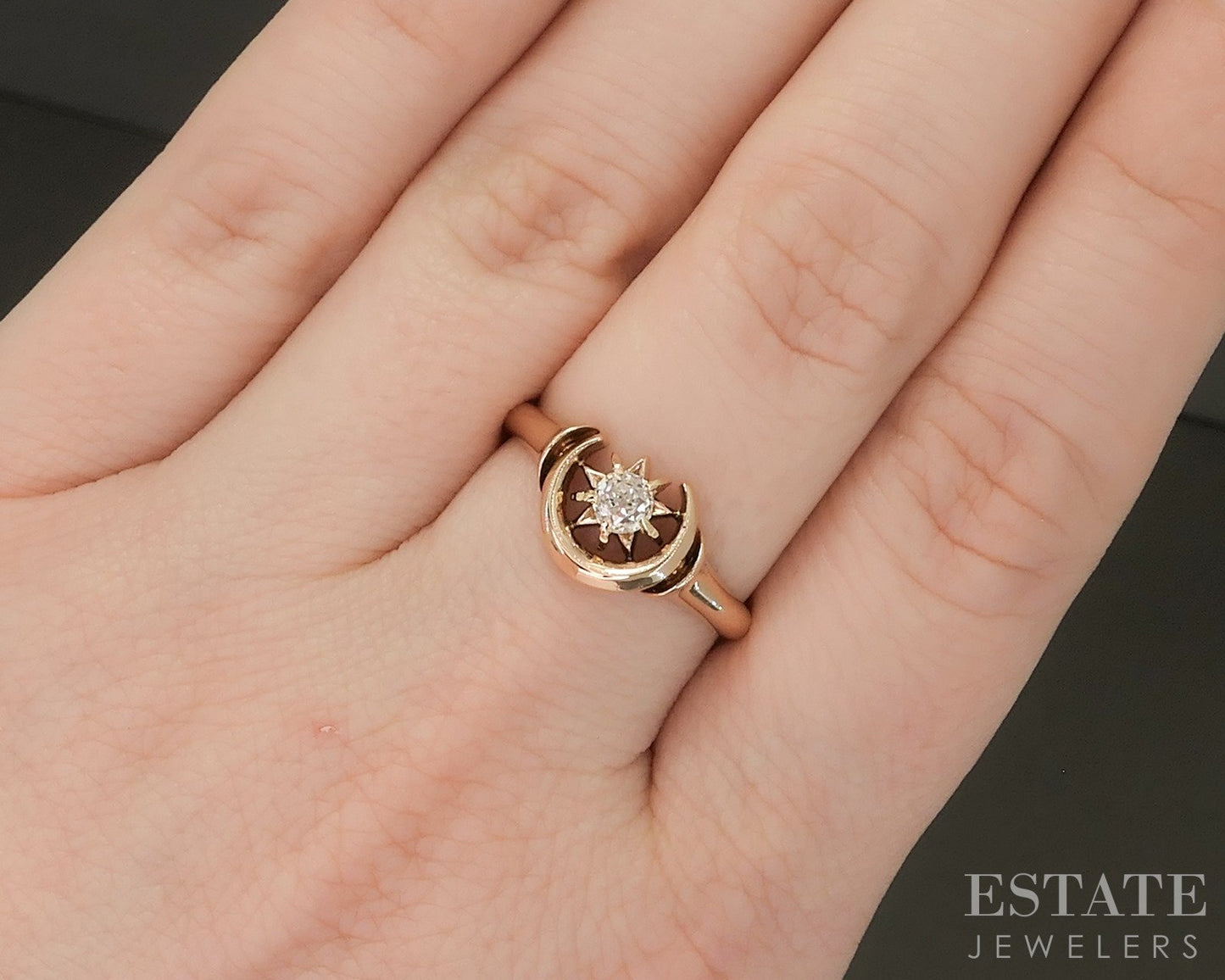 Antique Victorian 14k Yellow Gold OMC .27ct Diamond Moon Sun Ring p16132