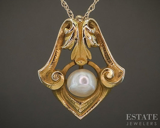 Antique Art Nouveau 14k Yellow Gold 4.1mm Pearl Necklace 1.8g 18"L p20543