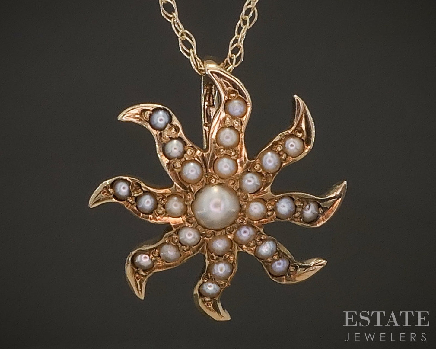 Antique Victorian 10k Yellow Gold Seed Pearl Starburst Necklace 1.1g p17936