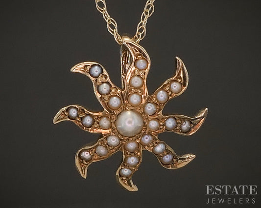 Antique Victorian 10k Yellow Gold Seed Pearl Starburst Necklace 1.1g p17936