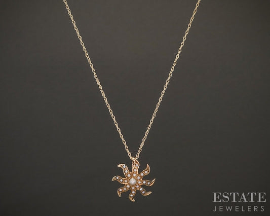 Antique Victorian 10k Yellow Gold Seed Pearl Starburst Necklace 1.1g p17936
