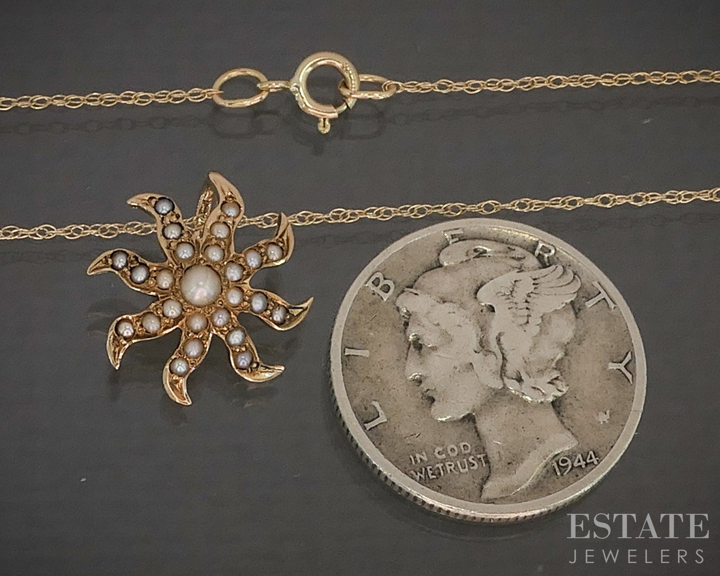 Antique Victorian 10k Yellow Gold Seed Pearl Starburst Necklace 1.1g p17936