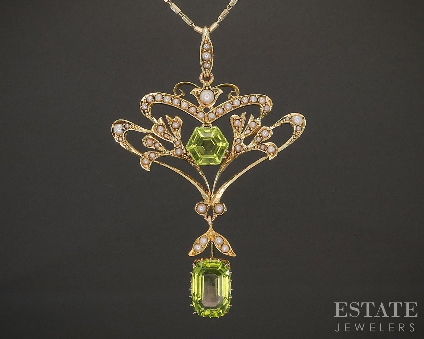 Antique Nouveau 15k Yellow Gold Natural Peridot & Pearl Necklace 8.9g p24111