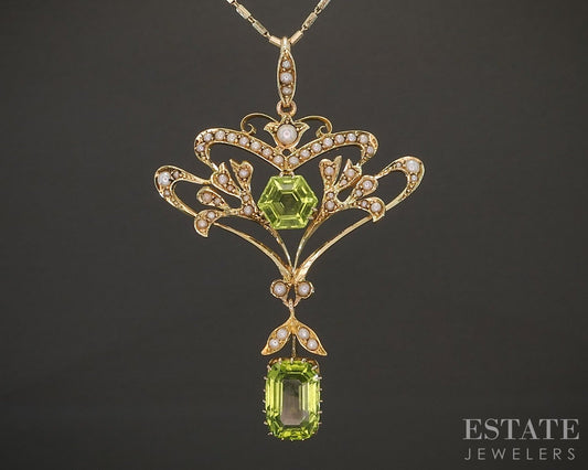 Antique Nouveau 15k Yellow Gold Natural Peridot & Pearl Necklace 8.9g p24111