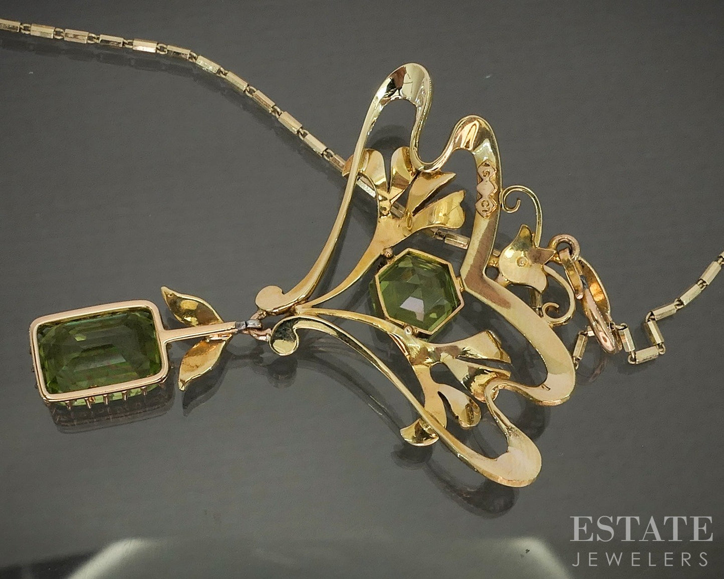 Antique Nouveau 15k Yellow Gold Natural Peridot & Pearl Necklace 8.9g p24111