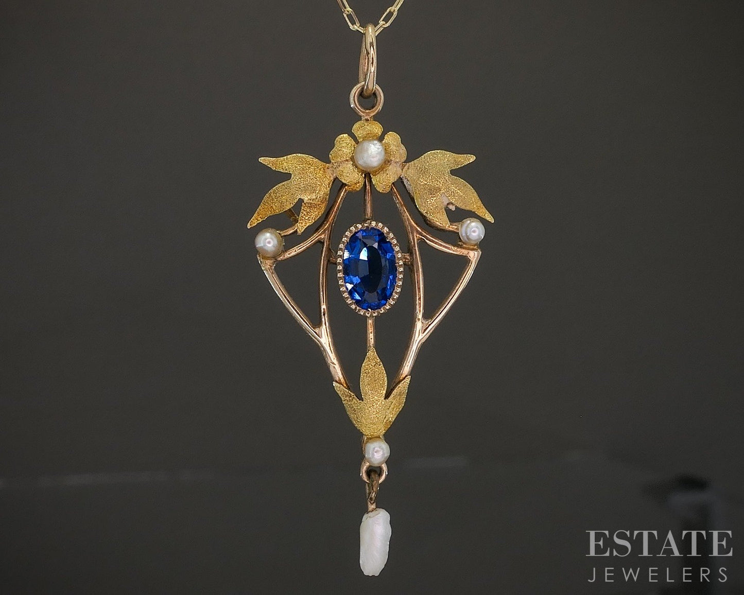 Antique Art Nouveau 10k Yellow Gold Blue Stone Pearl Necklace 2g 18"L p15741
