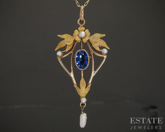 Antique Art Nouveau 10k Yellow Gold Blue Stone Pearl Necklace 2g 18"L p15741