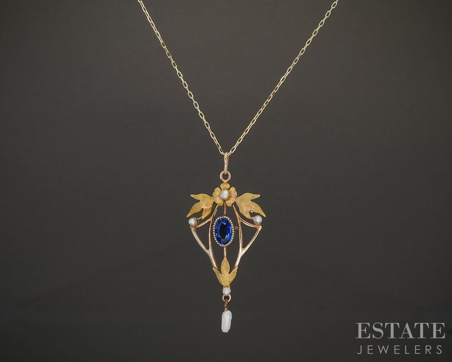 Antique Art Nouveau 10k Yellow Gold Blue Stone Pearl Necklace 2g 18"L p15741