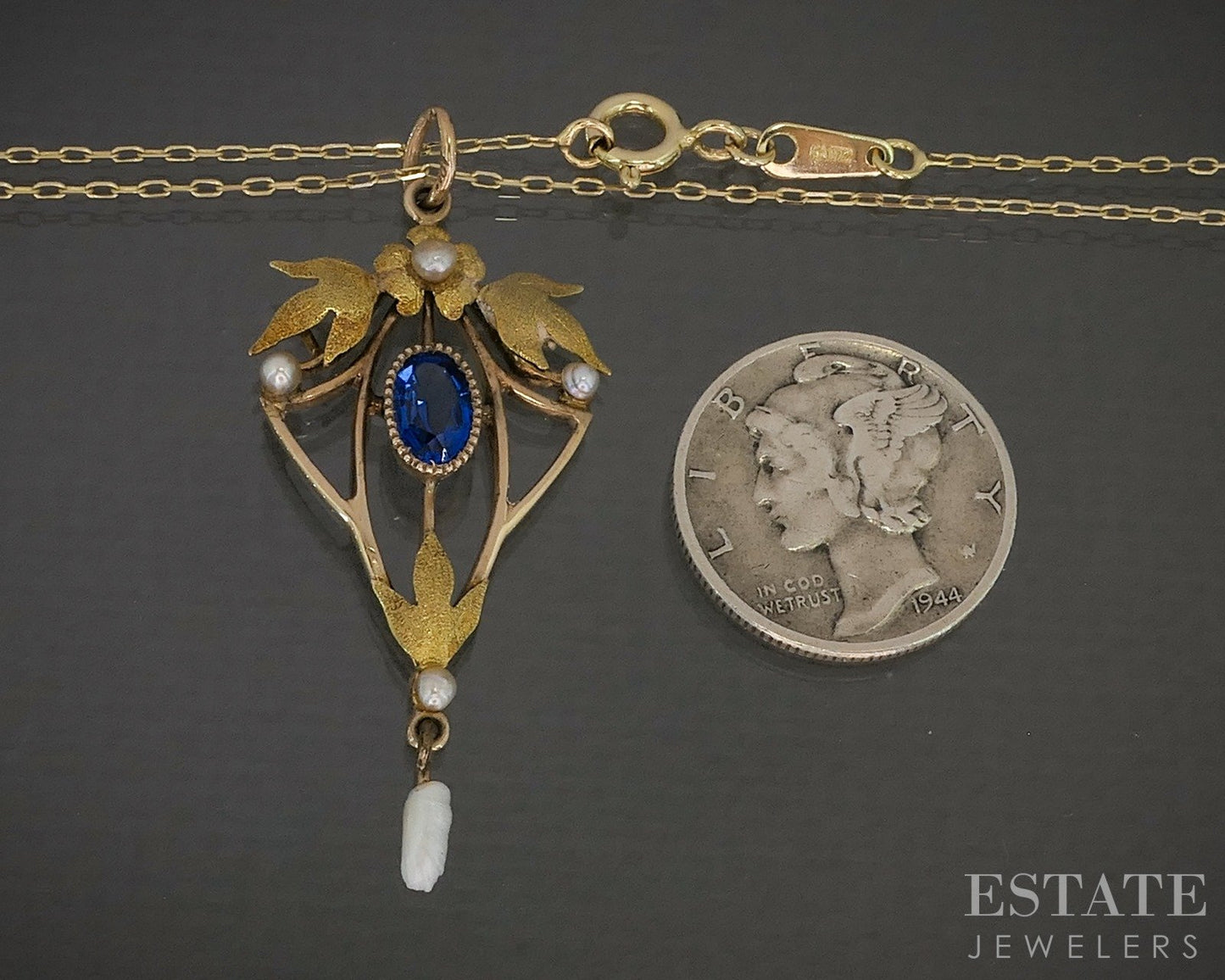 Antique Art Nouveau 10k Yellow Gold Blue Stone Pearl Necklace 2g 18"L p15741