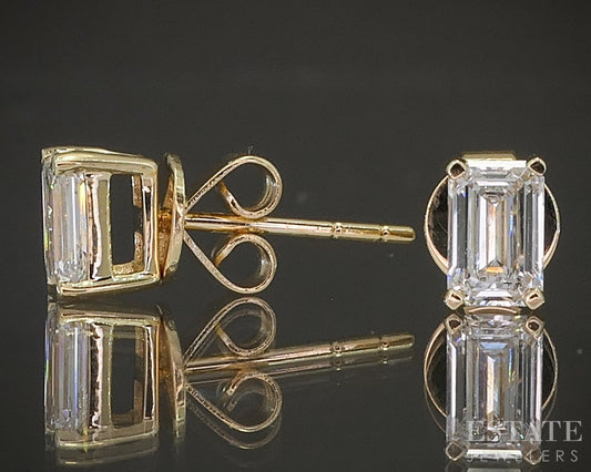 14k Yellow Gold Emerald Lab Created .75ctw Diamond Stud Earrings p20552