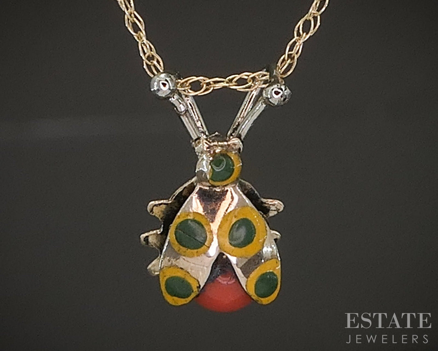 10k Yellow & White Gold Enameled Ladybug Ladies Necklace 0.6g 18"L p20557