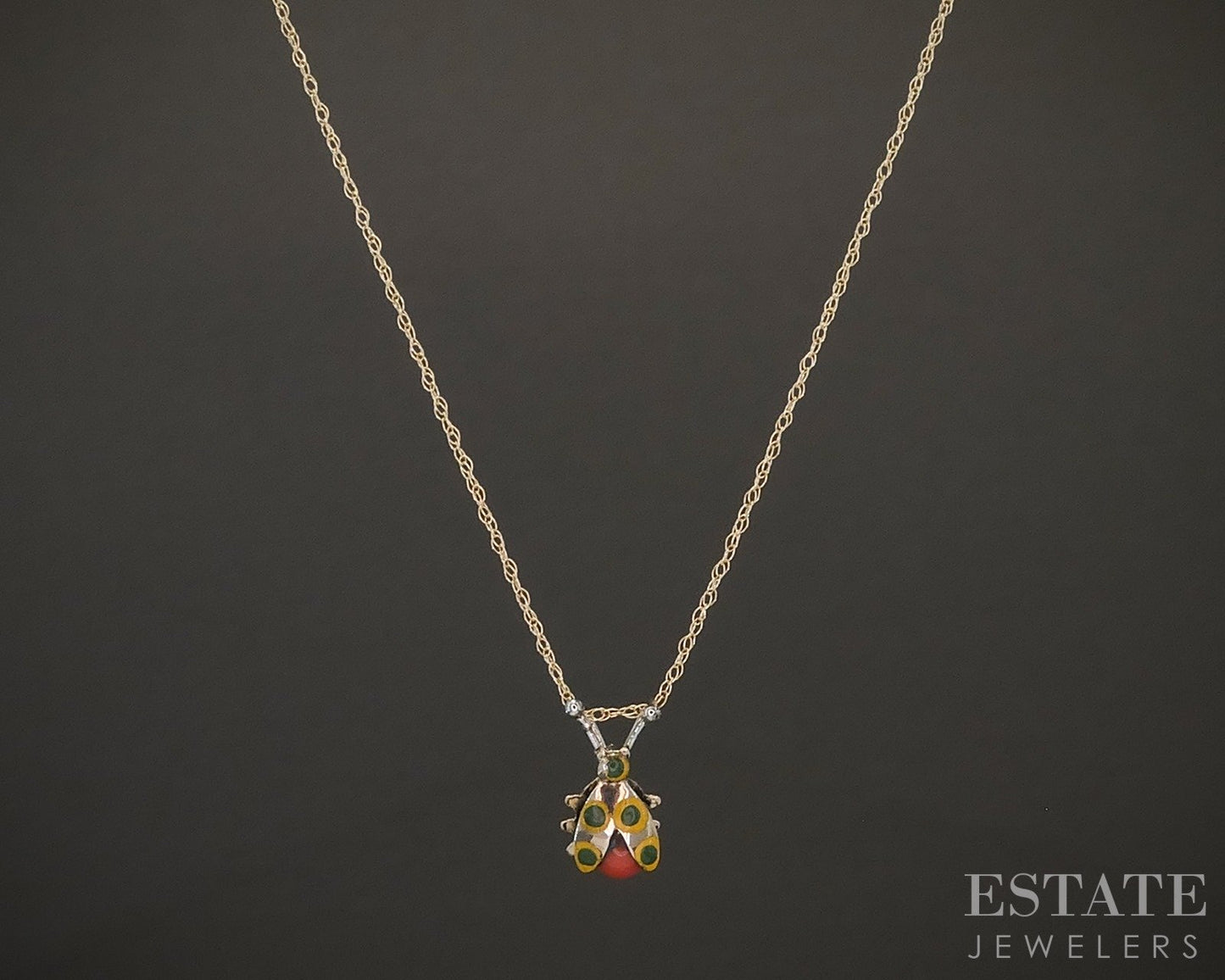 10k Yellow & White Gold Enameled Ladybug Ladies Necklace 0.6g 18"L p20557