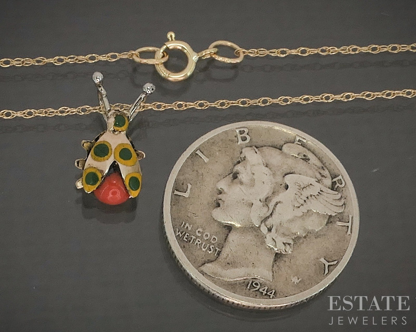 10k Yellow & White Gold Enameled Ladybug Ladies Necklace 0.6g 18"L p20557