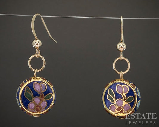 Antique 14k Yellow Gold Hook Cloisonné Enameled Dangle Earrings 4.4g p15717