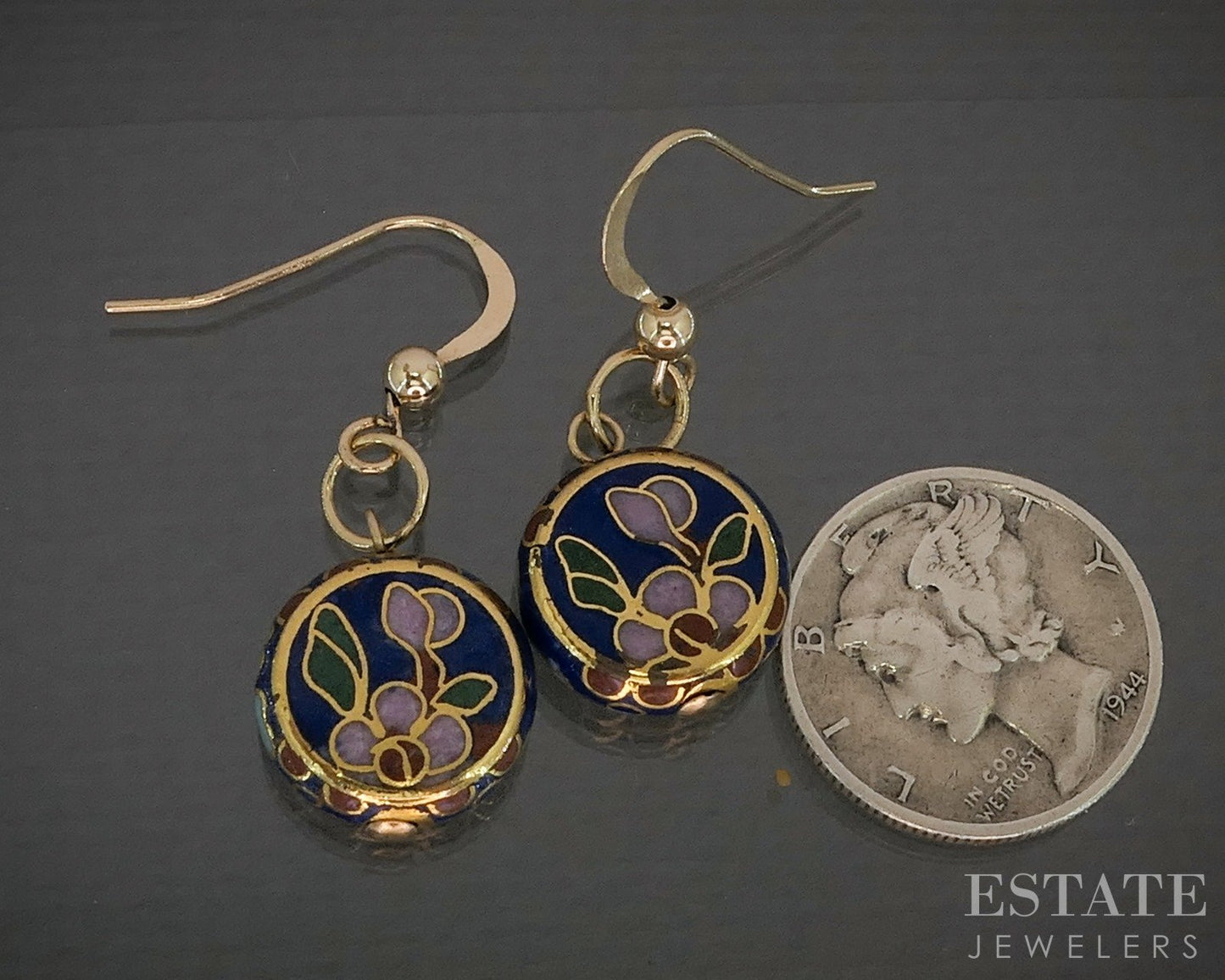 Antique 14k Yellow Gold Hook Cloisonné Enameled Dangle Earrings 4.4g p15717