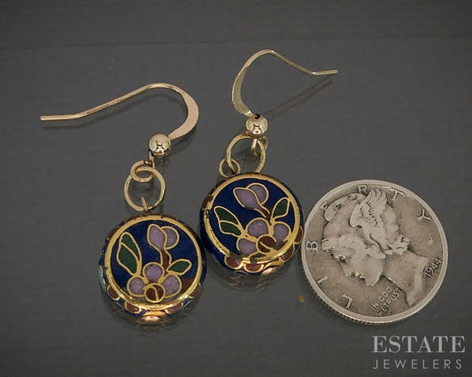 Antique 14k Yellow Gold Hook Cloisonné Enameled Dangle Earrings 4.4g p15717