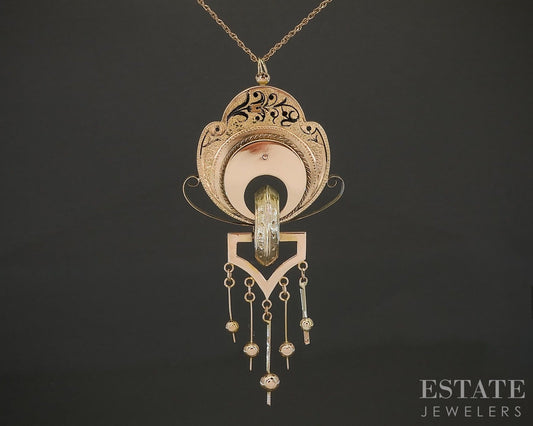 Antique Victorian 14k Yellow Gold Enameled Mourning Ladies Necklace 6.8g p17104