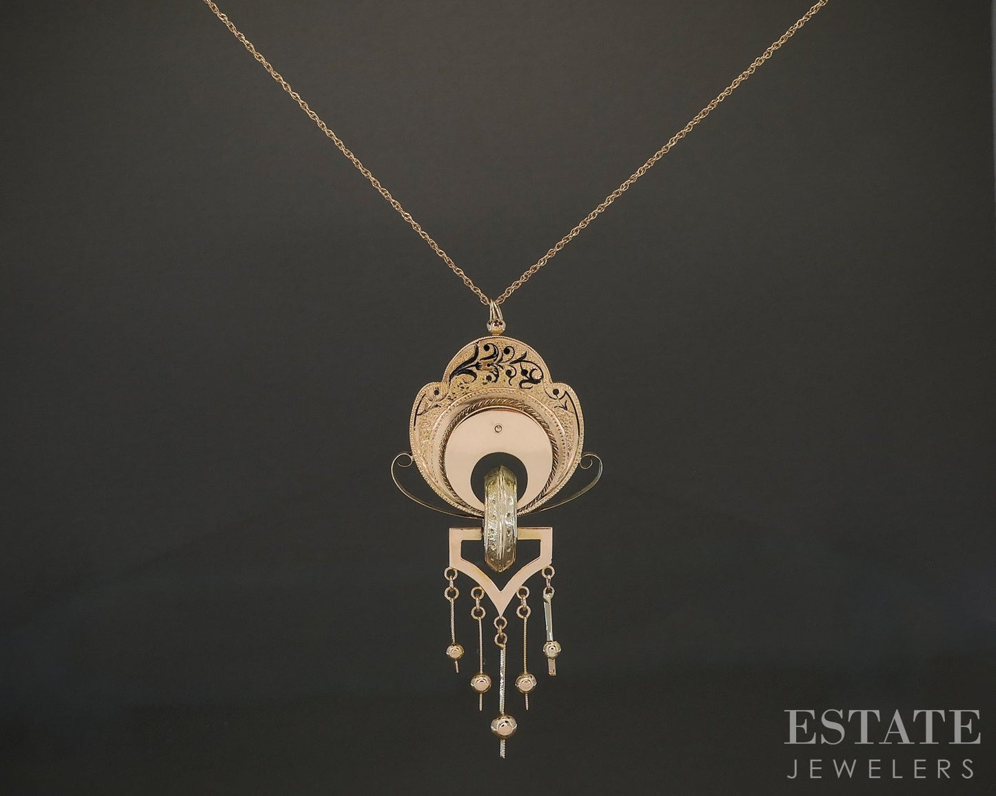 Antique Victorian 14k Yellow Gold Enameled Mourning Ladies Necklace 6.8g p17104