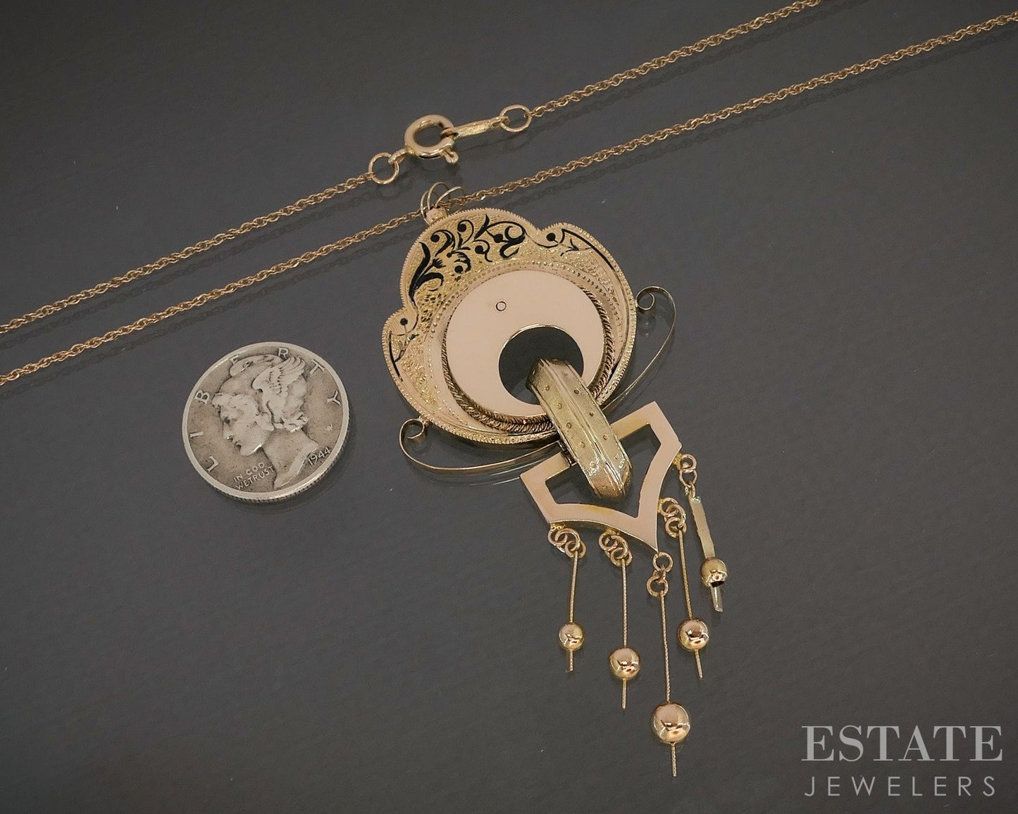 Antique Victorian 14k Yellow Gold Enameled Mourning Ladies Necklace 6.8g p17104