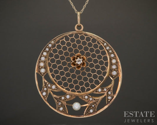 Antique Victorian 10k Yellow Gold OEC Diamond & Seed Pearl Necklace 4.3g p22292