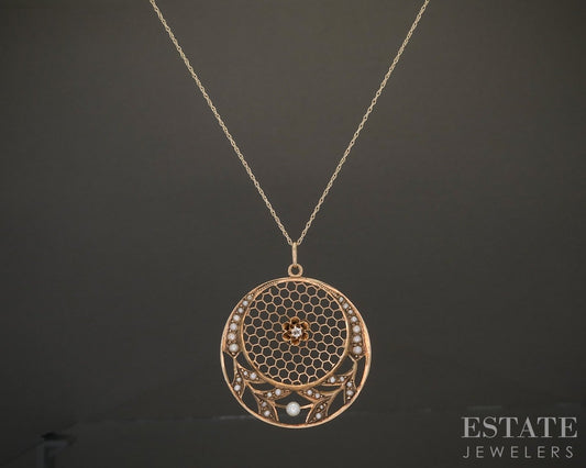 Antique Victorian 10k Yellow Gold OEC Diamond & Seed Pearl Necklace 4.3g p22292