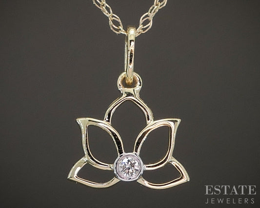 10k Yellow Gold Lab Diamond Lotus Flower Dainty Pendant Necklace p22452